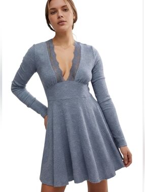 NWOT Free People All Yours Long Sleeve Mini Dress Light Blue Lace